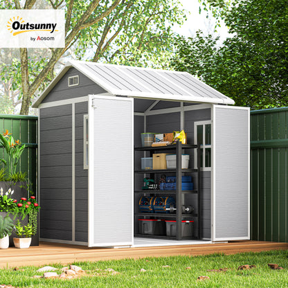 6 x 6ft Garden Shed with Floor, Window, Lockable Doors and Vents, Wood Effect Resin Tool Shed for Outdoor Patio, Grey