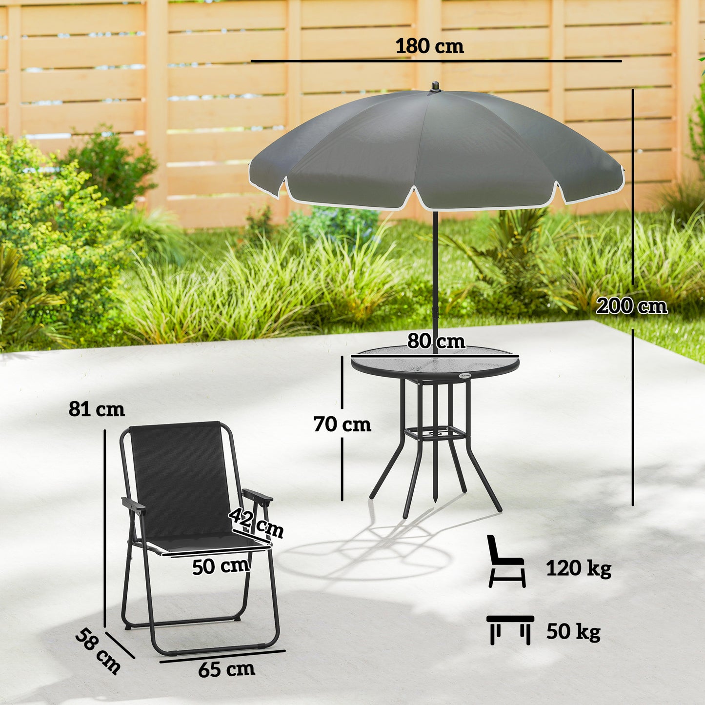 6 Pieces Garden Furniture Set with Parasol, Folding Chairs, Black