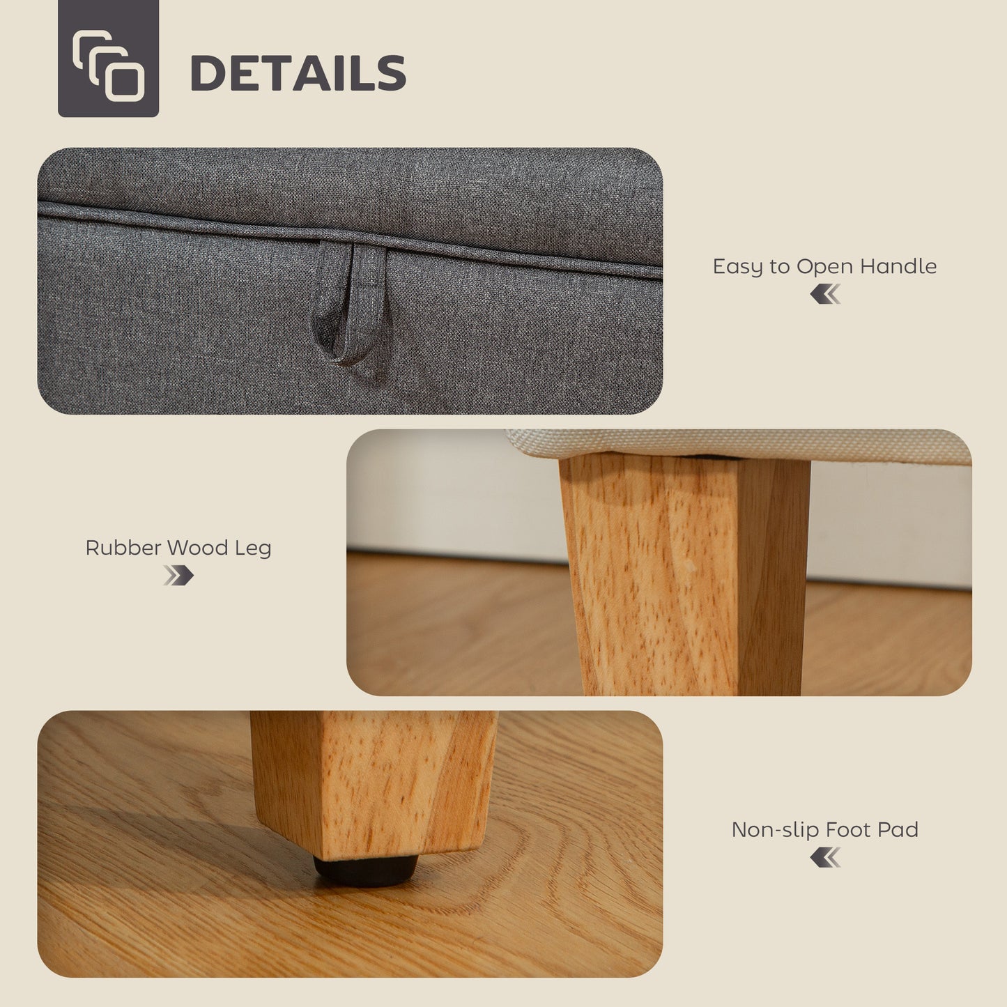 Linen Storage Ottoman Storage Box with Rubberwood Legs, Charcoal Grey