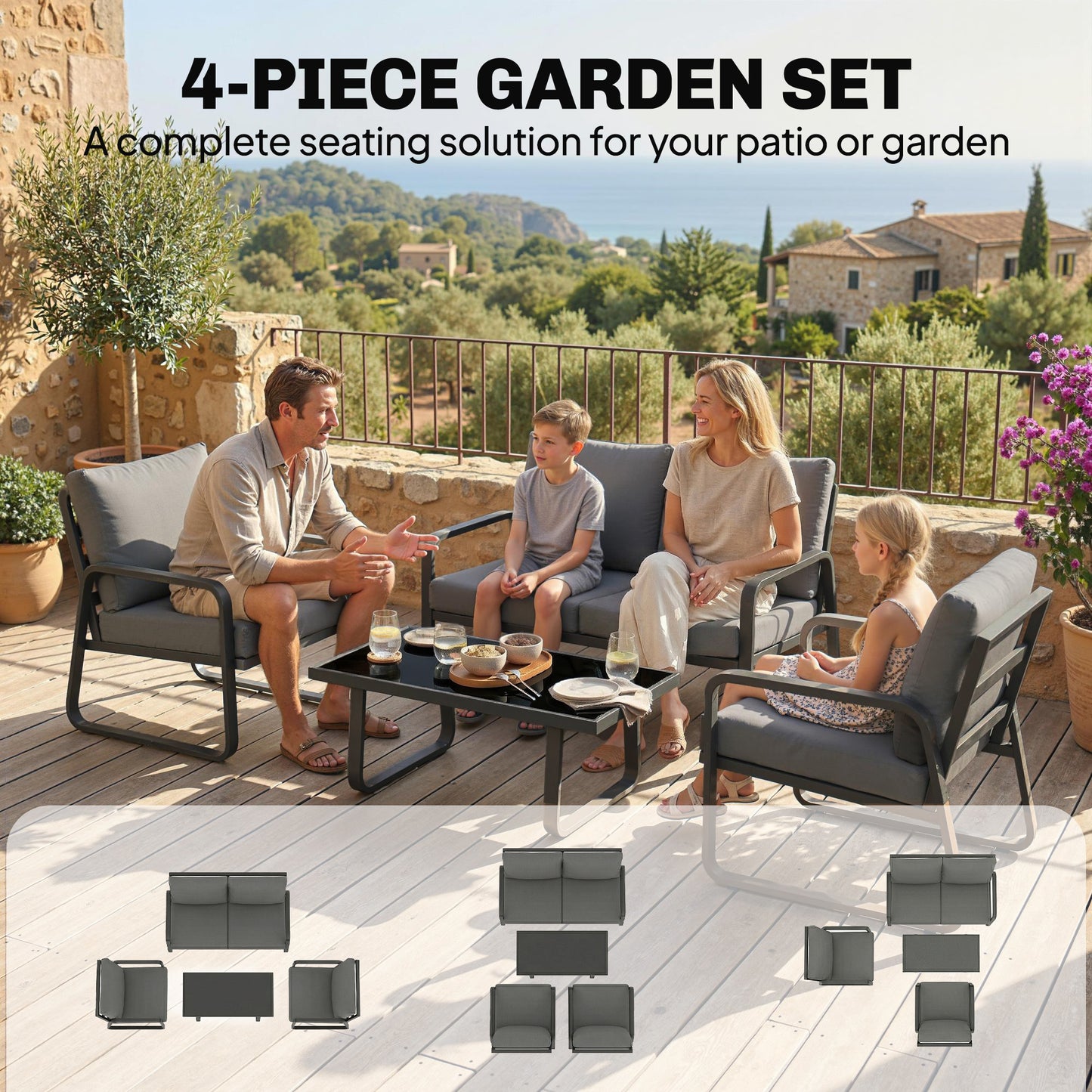 4 Piece Garden Furniture Set, Outdoor Sofa Set, Black