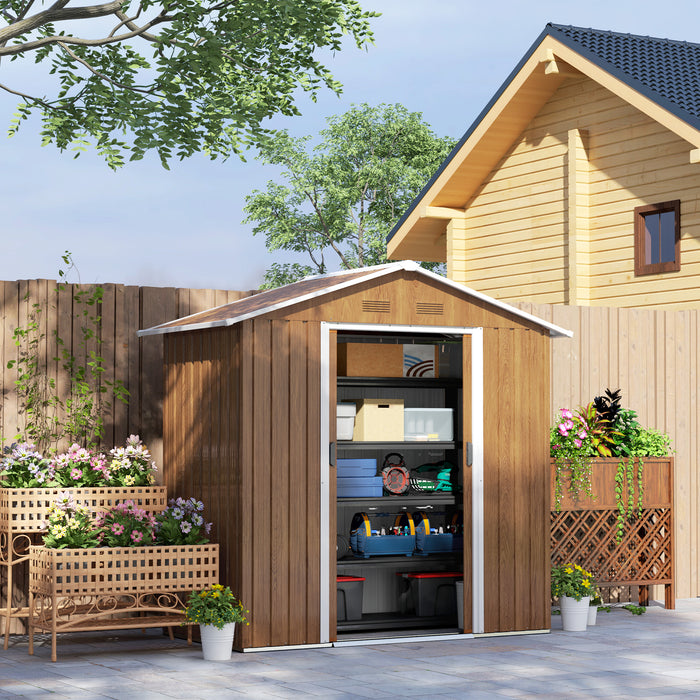 6.5x3.5ft Metal Garden Shed for Garden, Chocolate Wood Effect