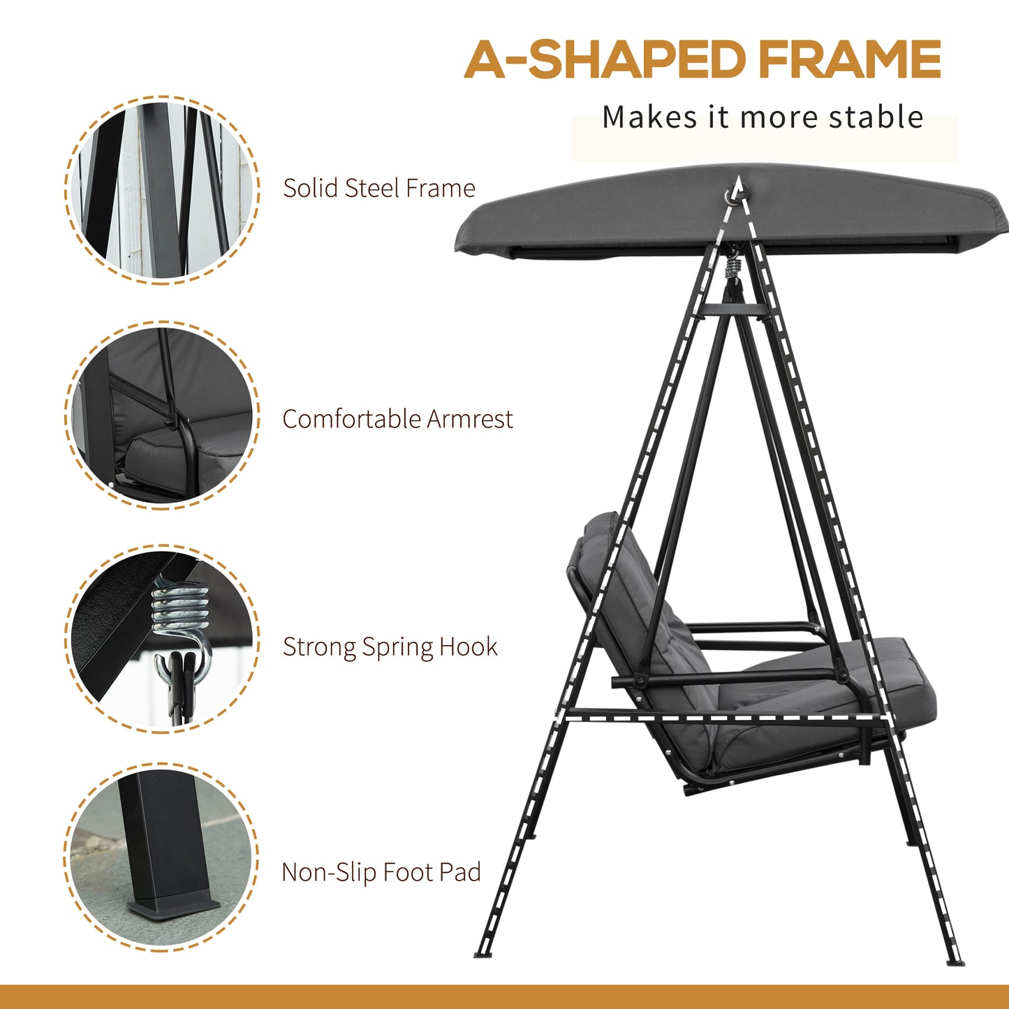 2 Seater Garden Outdoor Swing Chair Hammock w/ Adjustable Canopy Grey