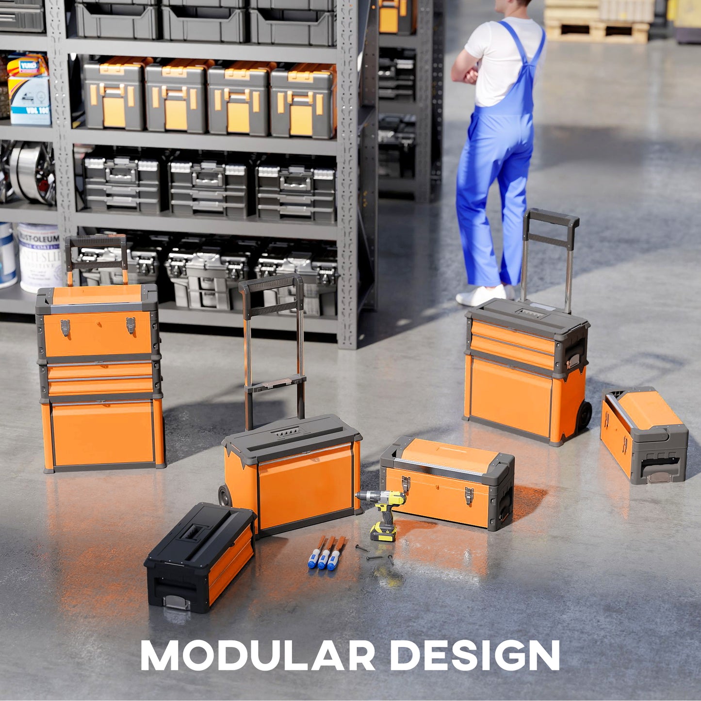 3-Tier Tool Box with Wheels, Stackable Steel Toolbox, Orange