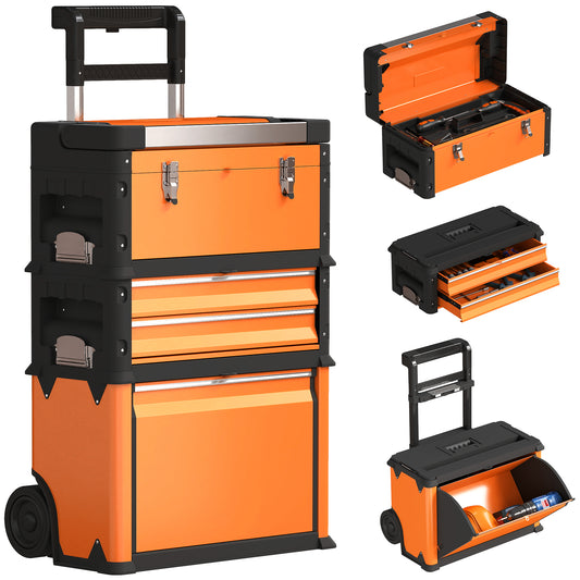3-Tier Tool Box with Wheels, Stackable Steel Toolbox, Orange