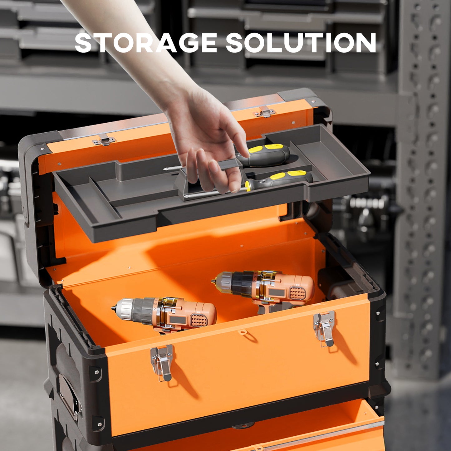 3-Tier Tool Box with Wheels, Stackable Steel Toolbox, Orange