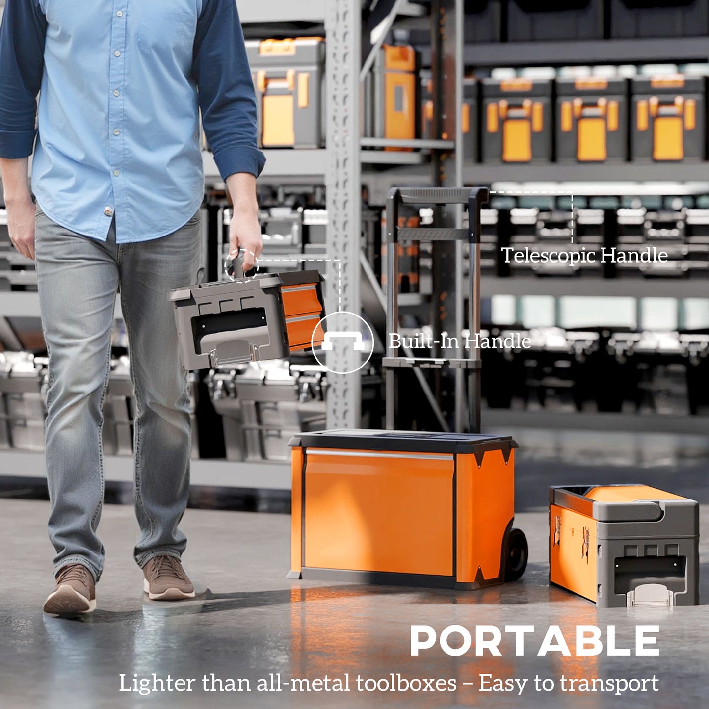 3-Tier Tool Box with Wheels, Stackable Steel Toolbox, Orange