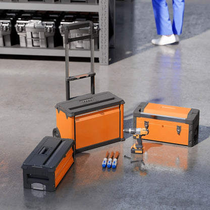 3-Tier Tool Box with Wheels, Stackable Steel Toolbox, Orange