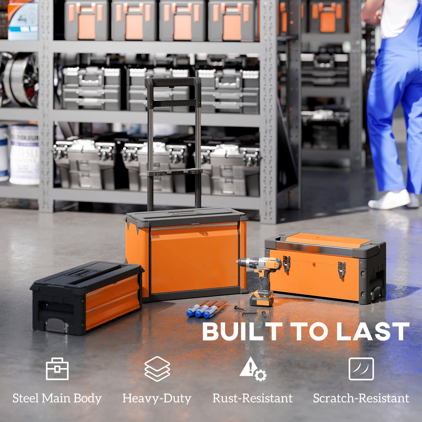 3-Tier Tool Box with Wheels, Stackable Steel Toolbox, Orange