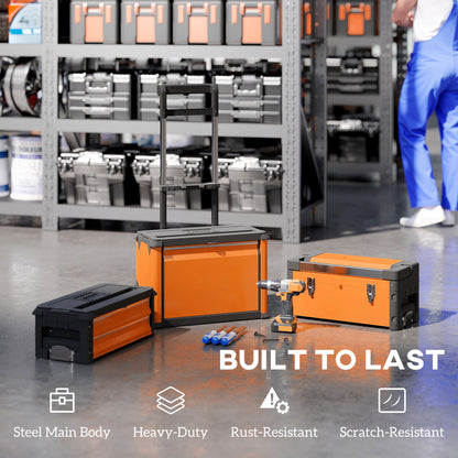 3-Tier Tool Box with Wheels, Stackable Steel Toolbox, Orange
