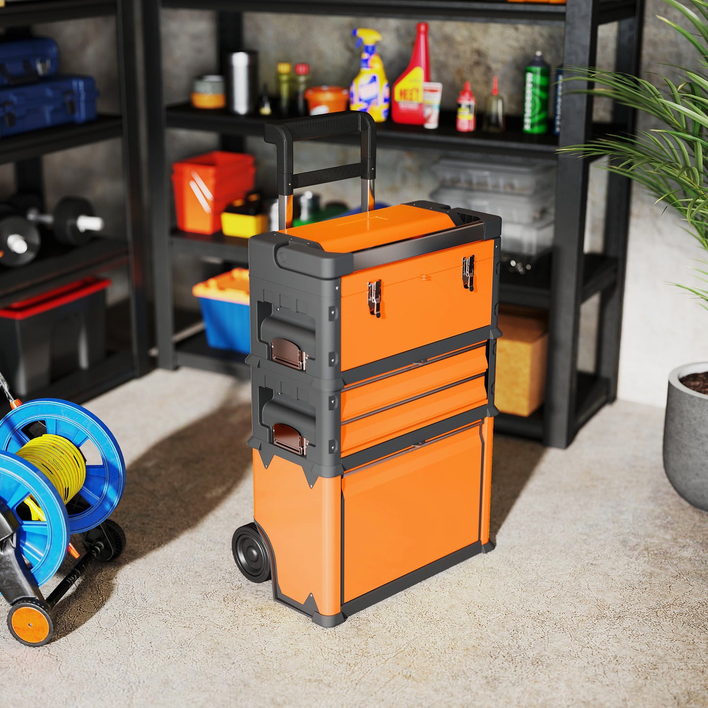 3-Tier Tool Box with Wheels, Stackable Steel Toolbox, Orange