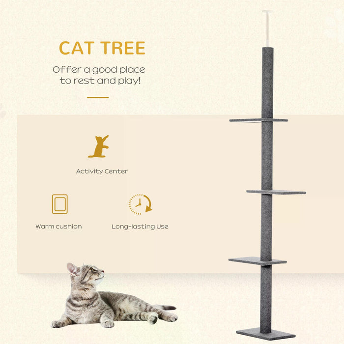 260cm Cat tree Floor To Ceiling with 3 Perches, Activity Scratching Tree Center for Kittens Cat Tower Furniture, Grey