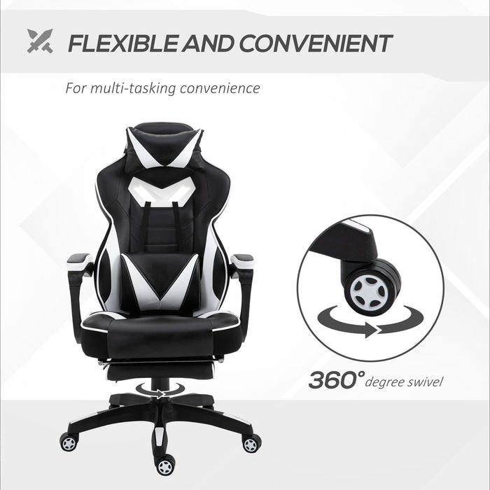 Ergonomic Racing Gaming Chair Office Desk Chair Adjustable Height Recliner with Wheels, Headrest, Lumbar Support, Retractable Footrest White