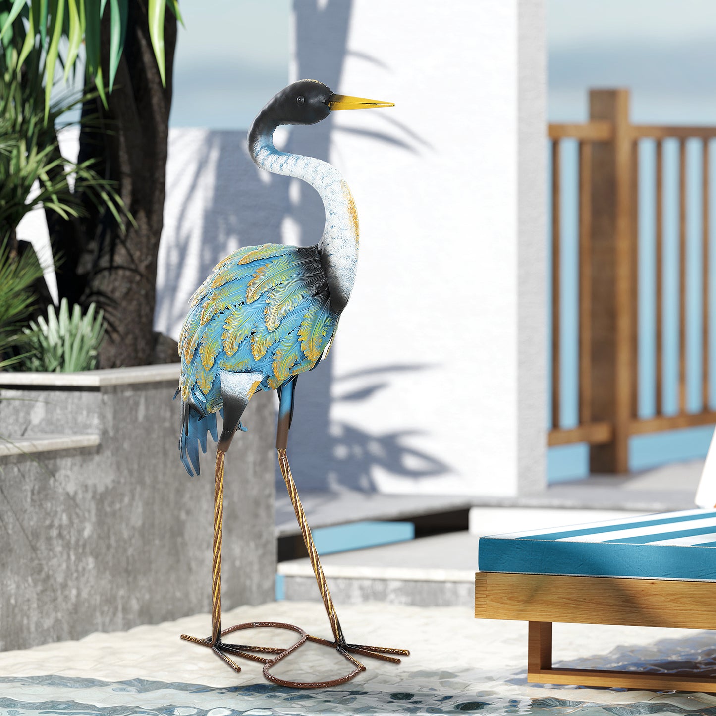 Heron Garden Statue, Metal Garden Gift with Stakes, Multi-Colour