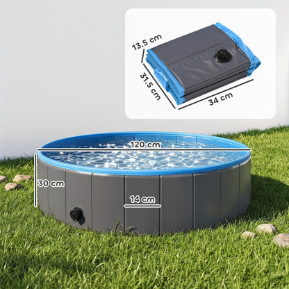 Foldable Dog Pool for Puppies and Ducks, Thickened PVC Dog Paddling Pool Bath Tub Hard Board, Anti-Slip Bottom and Hose Adapter for Easy Drainage, 120 x 30cm, Dark Grey and Blue