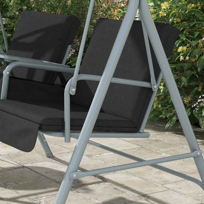 2 Seater Garden Swing Chair Patio Rocking Bench w/ Tilting Canopy, Double Padded Seats, Storage Bag and Tray, Black