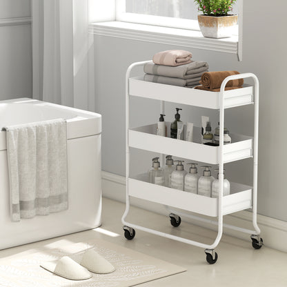 3-Tier Storage Trolley, Storage Cart with Mesh Backets, Wheels, White
