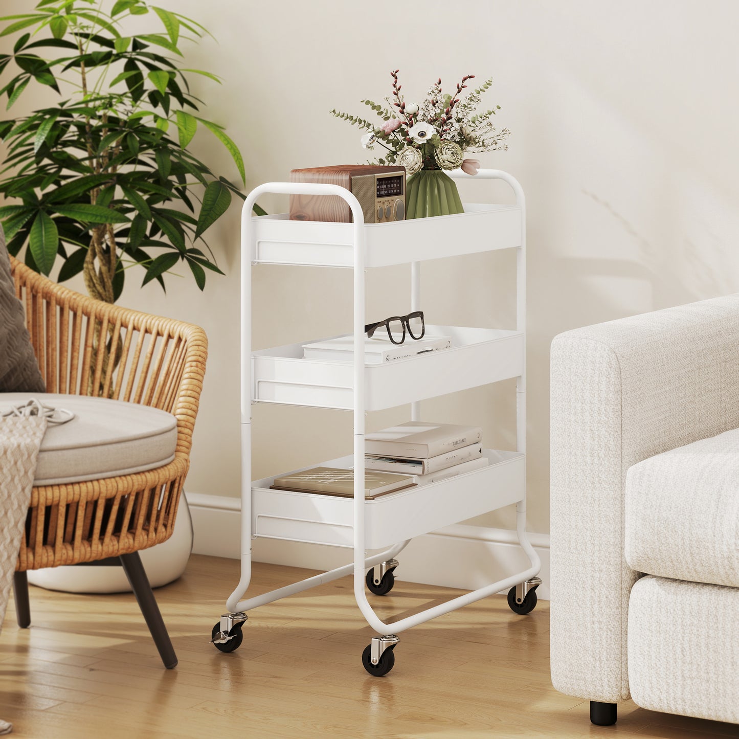 3-Tier Storage Trolley, Storage Cart with Mesh Backets, Wheels, White