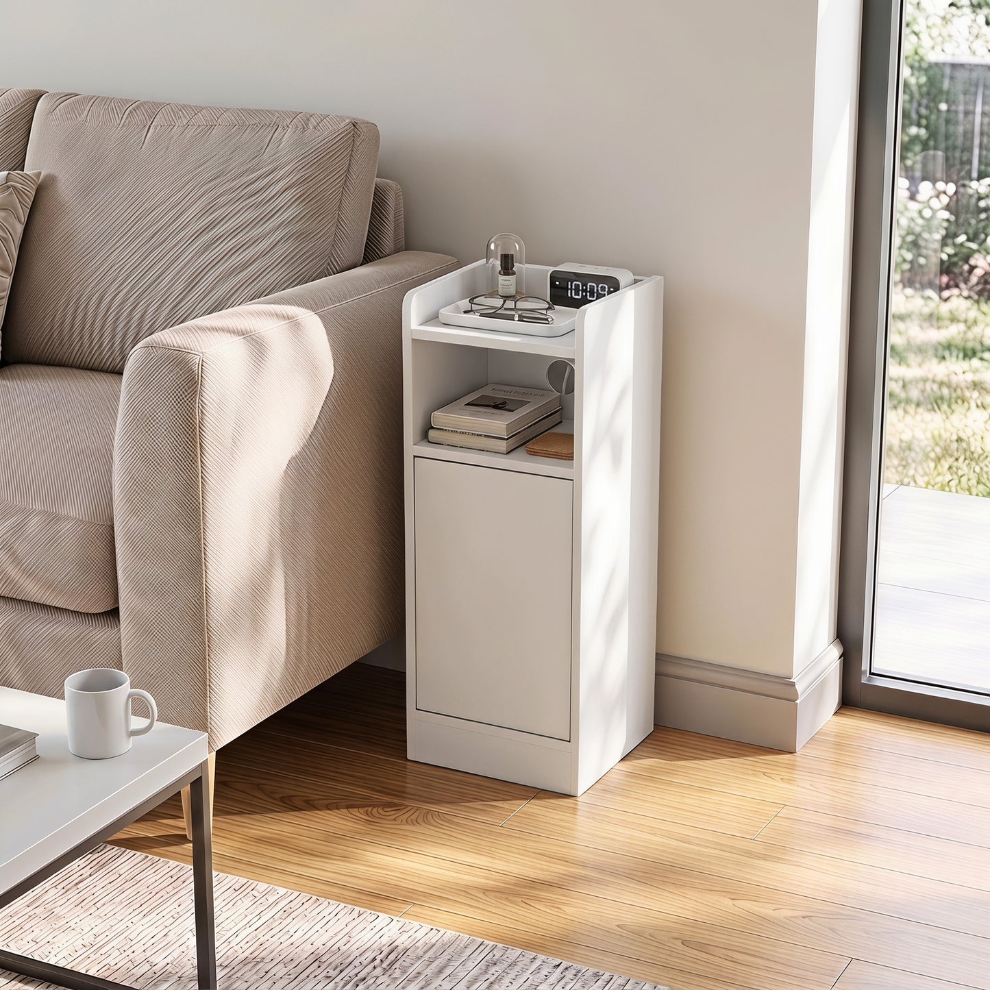 Slim Bedside Table Set of 2 with Charging Station, White