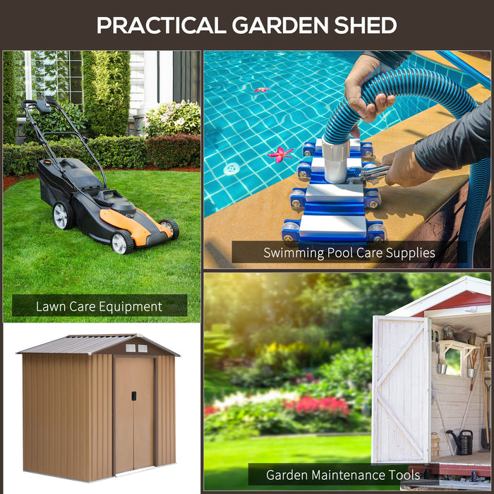 7 x 4 ft Lockable Garden Shed Large Patio Roofed Tool Metal Storage Building Foundation Sheds Box Outdoor Furniture, Yellow