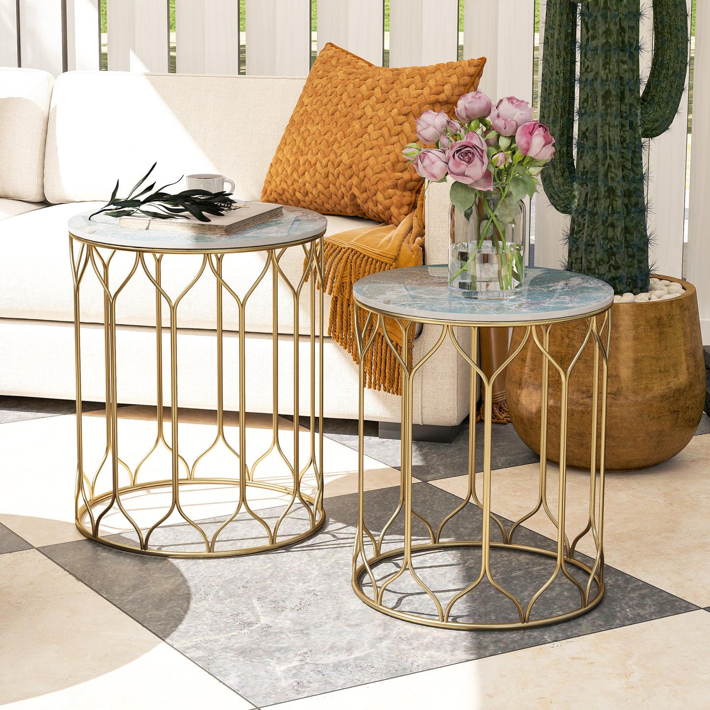 Nesting Tables Set of 2, Marble Effect Side Tables, Multi