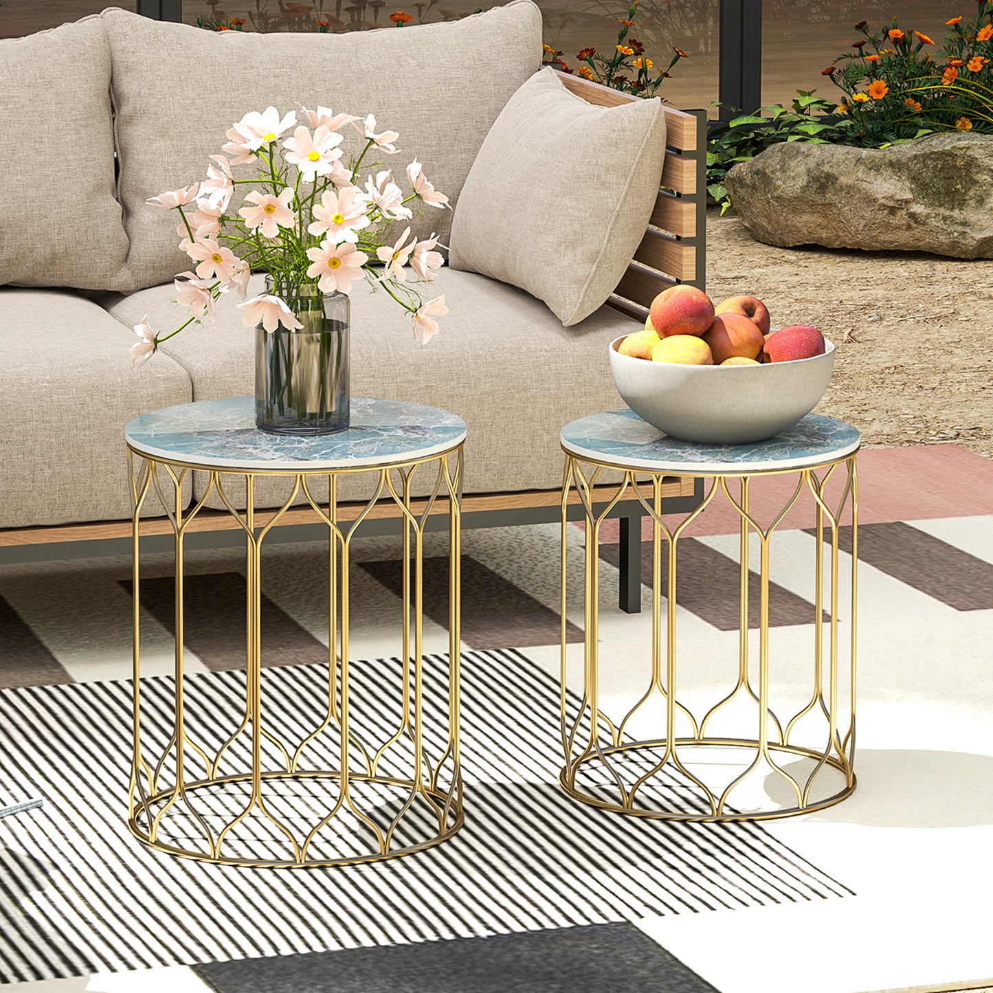 Nesting Tables Set of 2, Marble Effect Side Tables, Multi