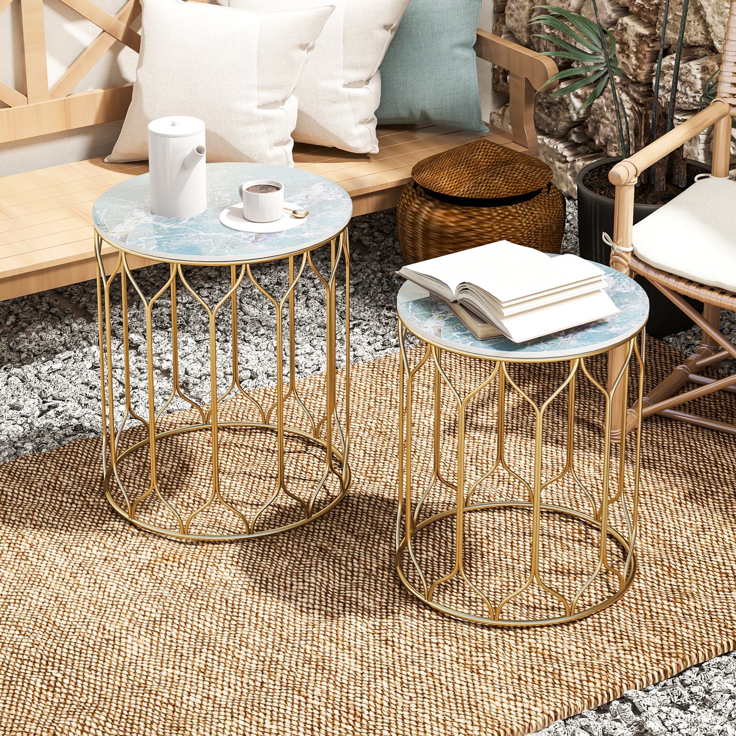 Nesting Tables Set of 2, Marble Effect Side Tables, Multi