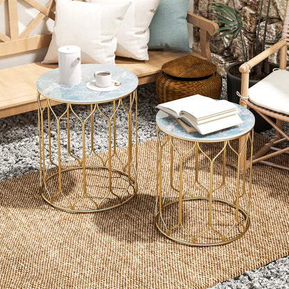 Nesting Tables Set of 2, Marble Effect Side Tables, Multi