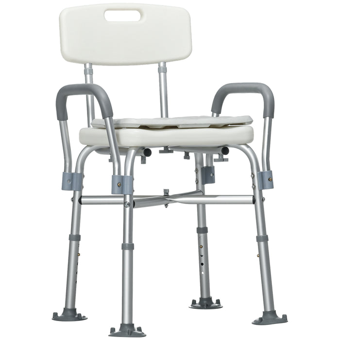 Aluminium Shower Chair with Backs and Arms, Height Adjustable Shower Seat w/ Removable Padded Cushion, Bath Stool, White