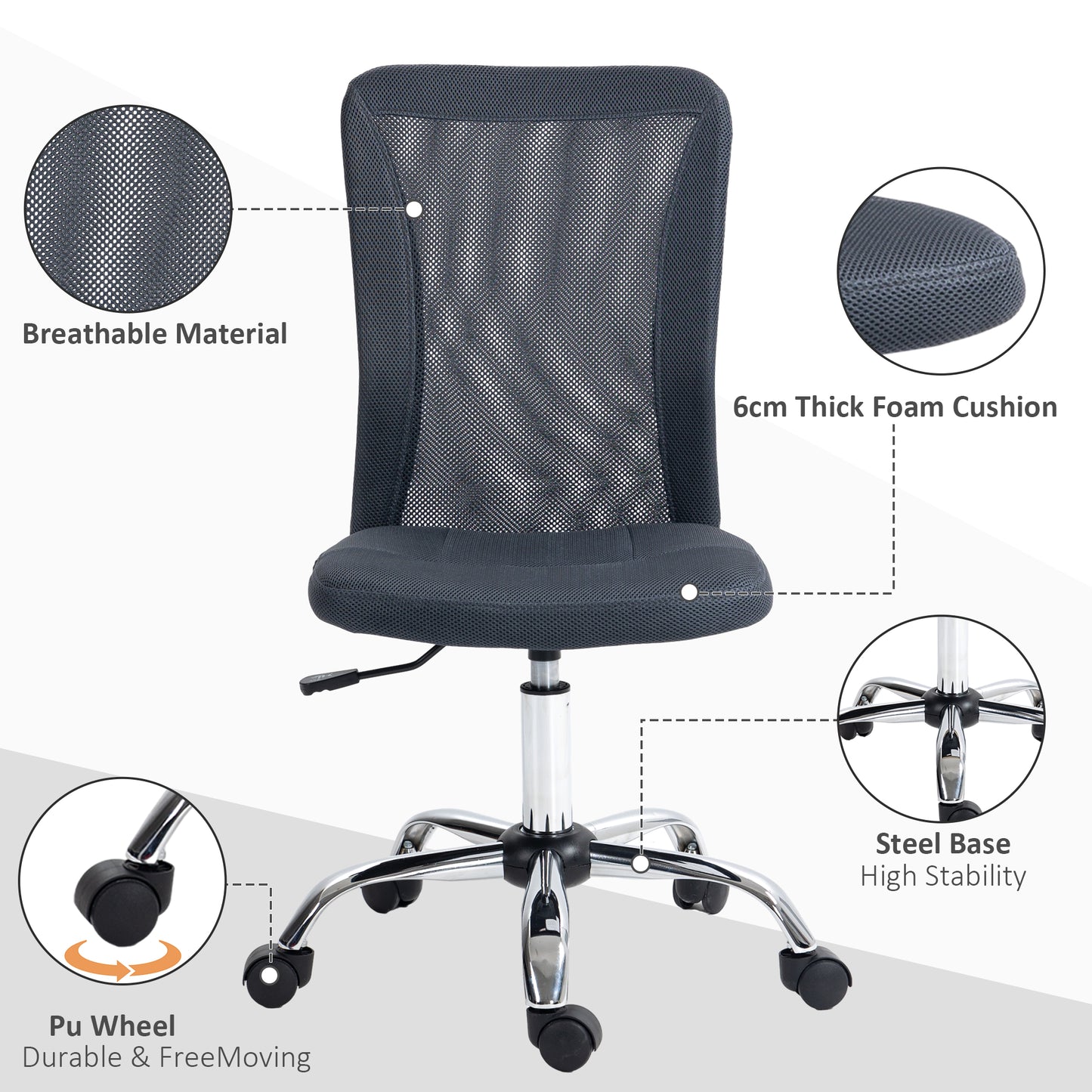Computer Desk Chair, Mesh Office Chair with Adjustable Height and Swivel Wheels, Armless Study Chair, Grey