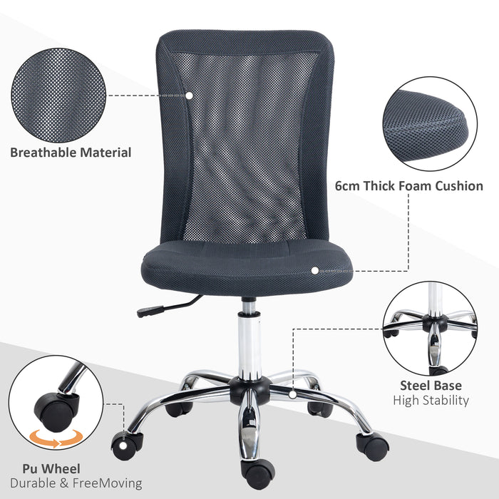 Computer Desk Chair, Mesh Office Chair with Adjustable Height and Swivel Wheels, Armless Study Chair, Grey