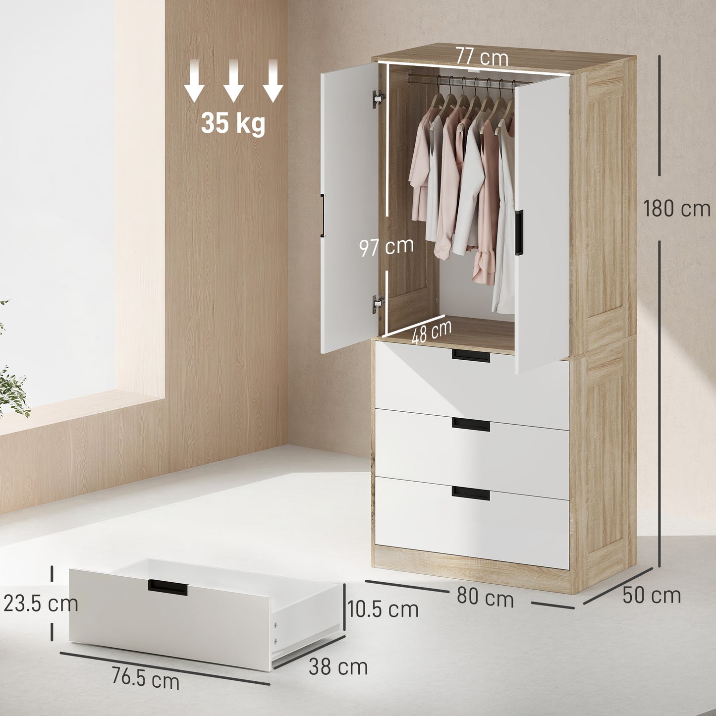 2 Door Wardrobe with 3 Drawers & Hanging Rail, Modern Clothes Storage Cupboard Unit, Bedroom Wardrobe with Soft Closing Hinge, 50D x 80W x 180Hcm, Oak