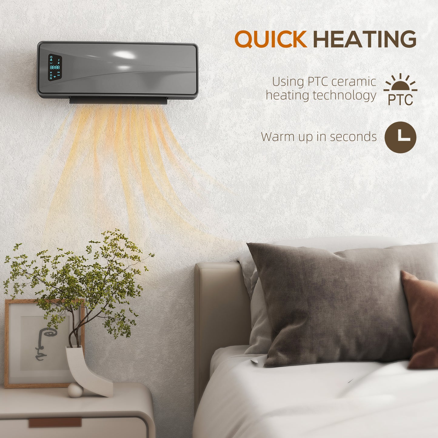 2000W Ceramic Electric Heater with Fan, Wall Heater, Grey