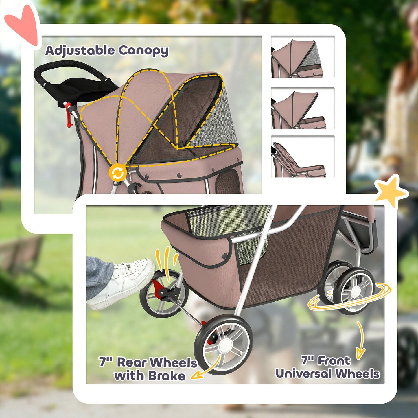 Dog Stroller, 3 Wheels Foldable Pet Stroller with Adjustable Canopy, Storage Basket, Cup Holder, Cat Dog Pram with Breathable Mesh for Small Miniature Breeds, Coffee
