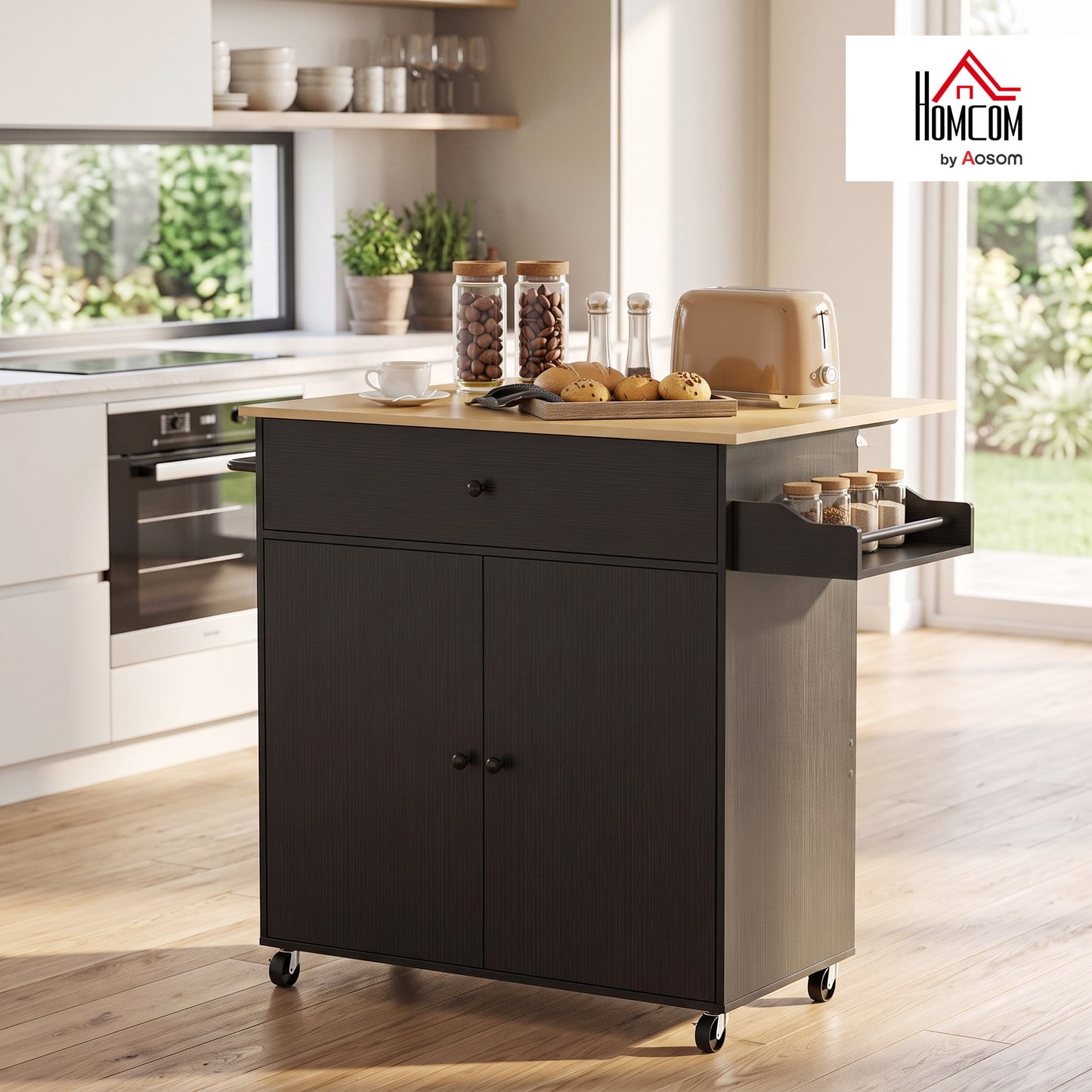 Kitchen Island with Drop Leaf, Rolling Kitchen Storage Trolley, Black
