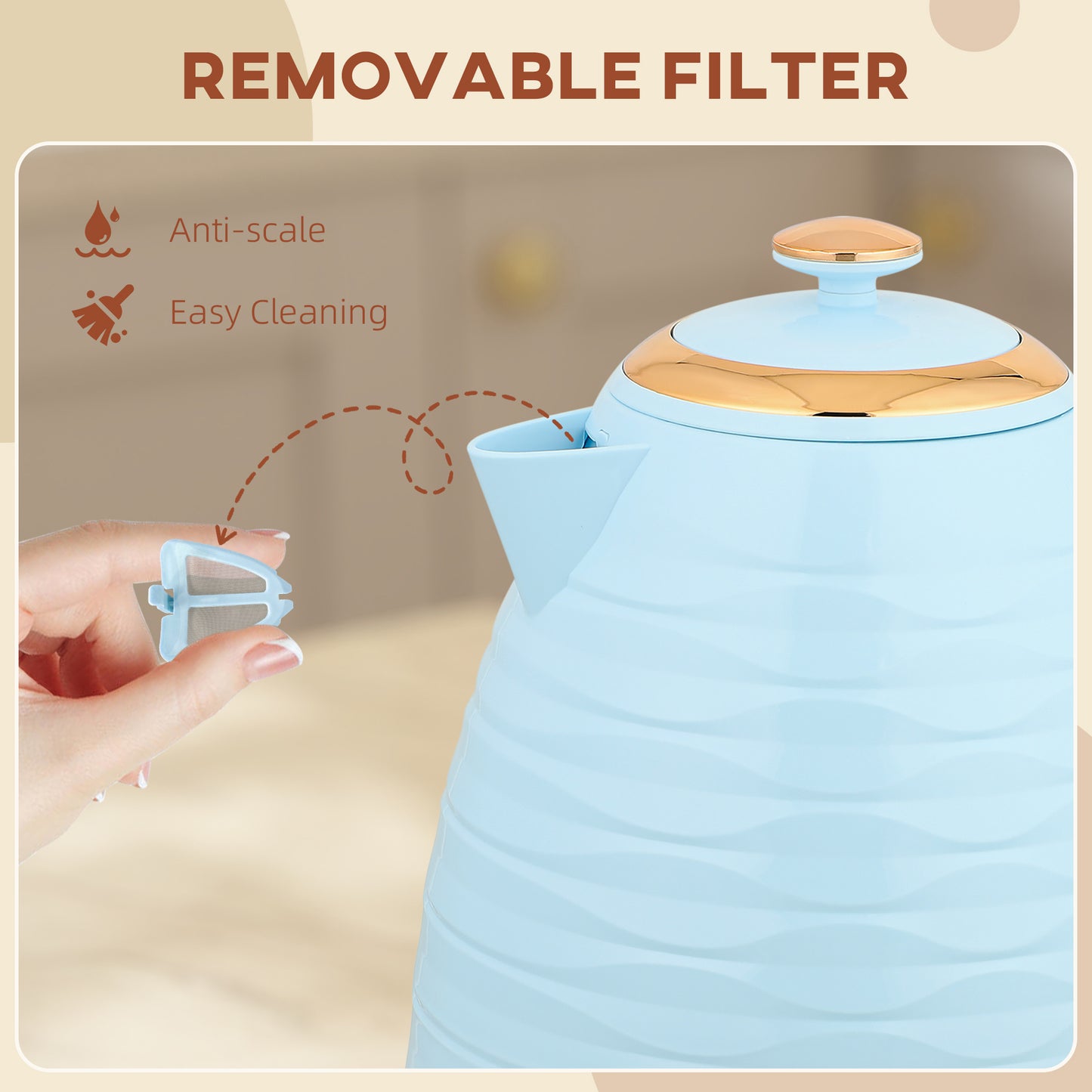 Electric Kettle, Fast Boil, 1.7L, 3kW, Swivel, Light Blue Ripple