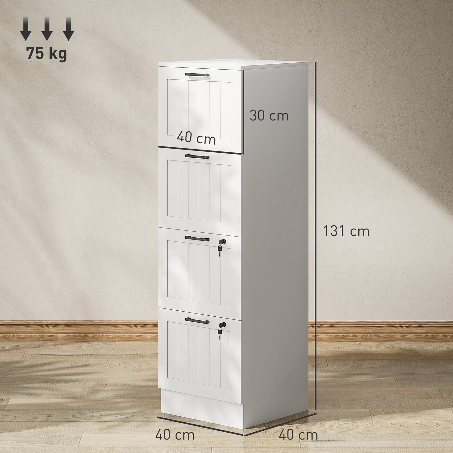 4 Drawer File Cabinet with Lock and Adjustable Hanging Bars, White