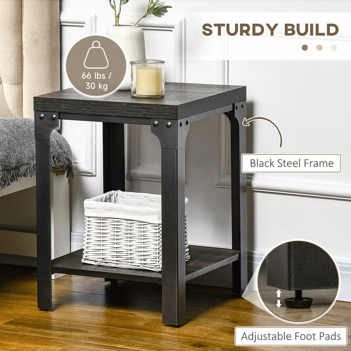 Industrial Side Table Set of 2 with Storage Shelf, Bedside Tables with Steel Frame and Thickened Top, Living Room Bedroom, Walnut