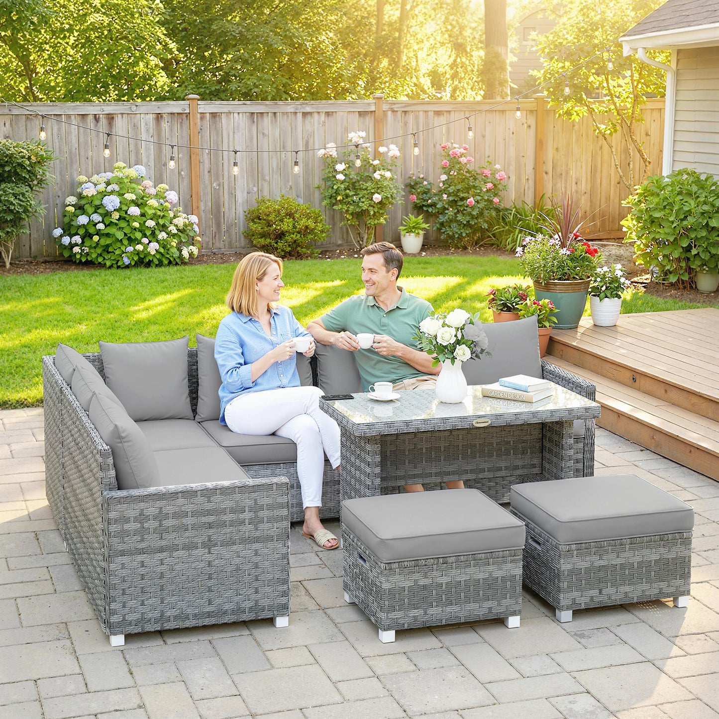 6 Seater Rattan Garden Furniture Set with 3 Sofas, 2 Footstools, Table, Patio Rattan Furniture Sofa Sets, Grey