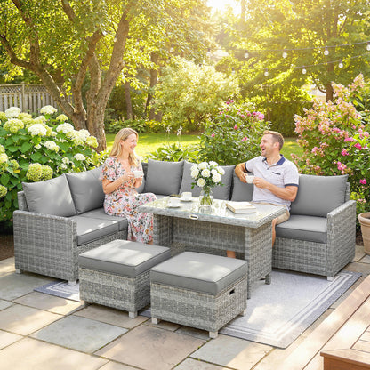 6 Seater Rattan Garden Furniture Set with 3 Sofas, 2 Footstools, Table, Patio Rattan Furniture Sofa Sets, Grey