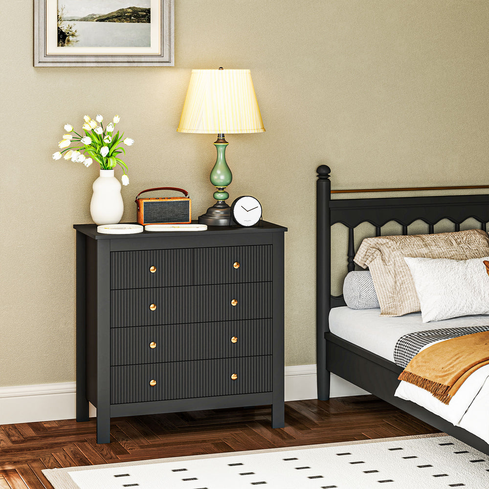 Fluted Bedroom Chest of Drawers w/ 5 Drawers Gold Tone Handles Black