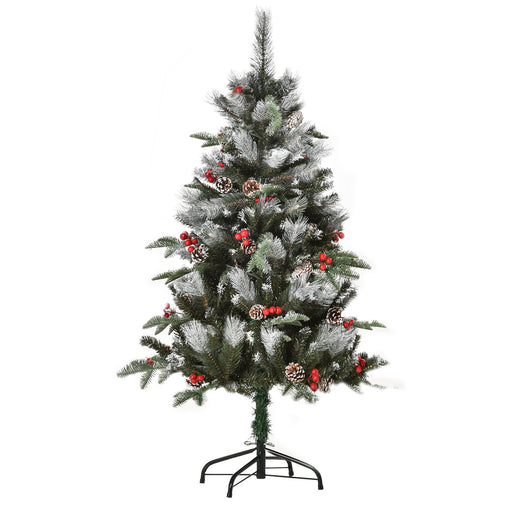 4FT Artificial Snow Dipped Christmas Tree Xmas Pencil Tree Holiday Home Party Decoration with Foldable Feet Red Berries White Pinecones, Green