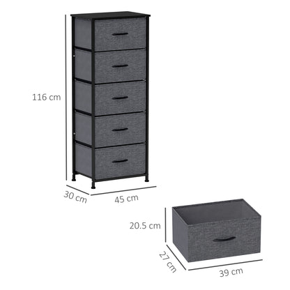5 Drawer Fabric Chest of Drawers w/ Wooden Top for Hallway Grey