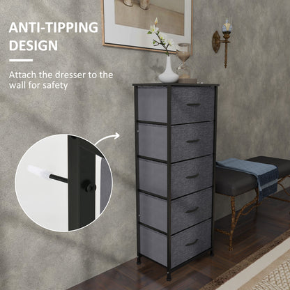 5 Drawer Fabric Chest of Drawers w/ Wooden Top for Hallway Grey
