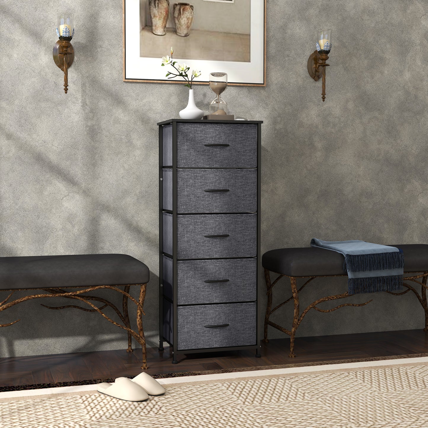 5 Drawer Fabric Chest of Drawers w/ Wooden Top for Hallway Grey