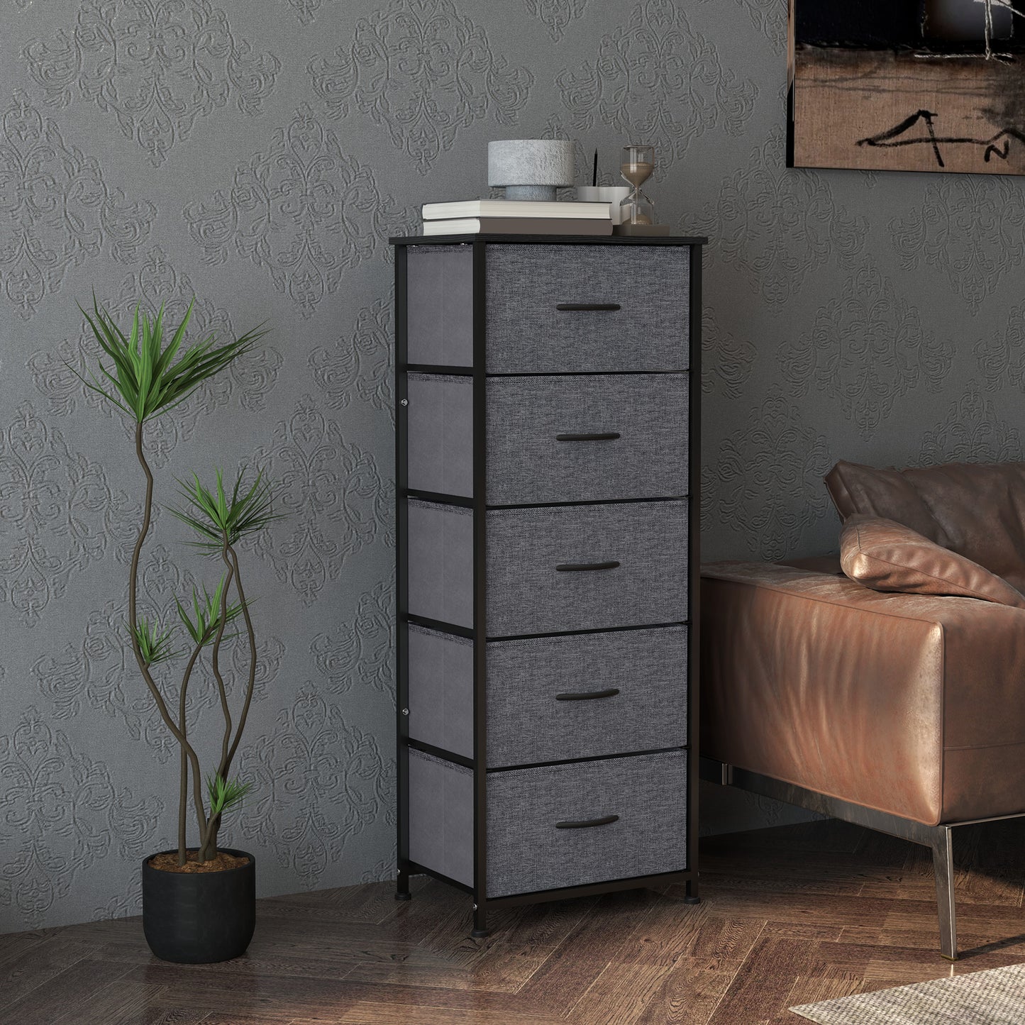 5 Drawer Fabric Chest of Drawers w/ Wooden Top for Hallway Grey
