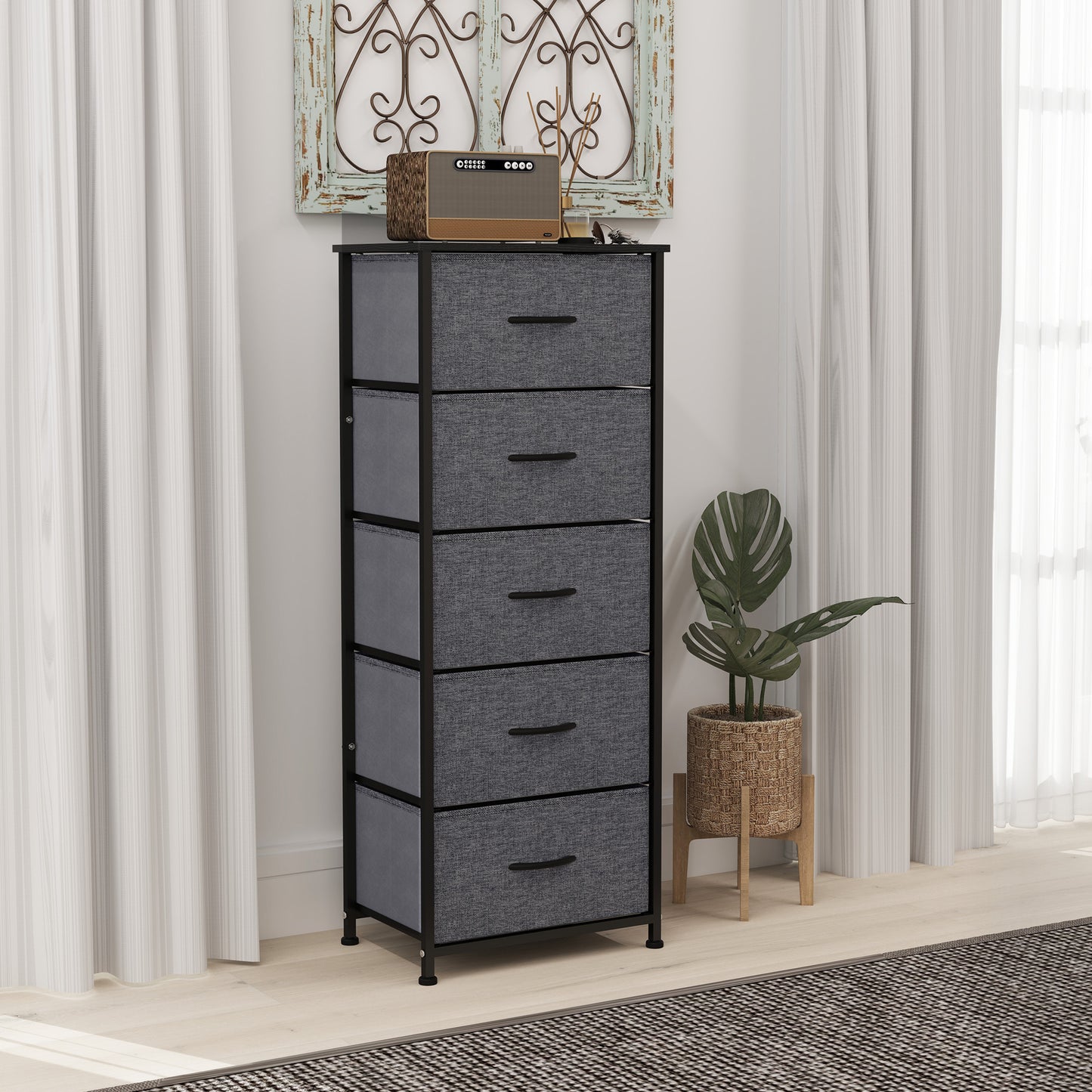5 Drawer Fabric Chest of Drawers w/ Wooden Top for Hallway Grey