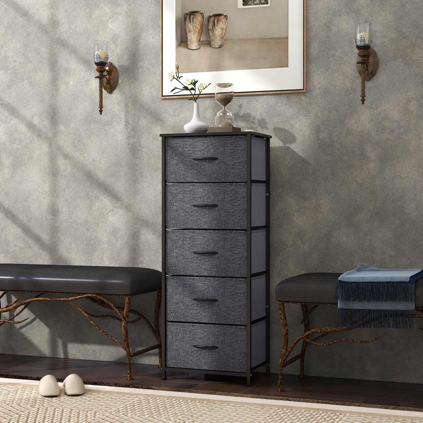 5 Drawer Fabric Chest of Drawers w/ Wooden Top for Hallway Grey