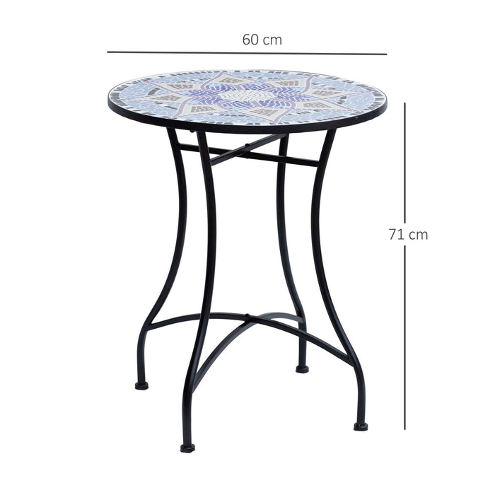 Outdoor Mosaic Round Garden Table, Patio Bistro Coffee Side Table with 60cm Ceramic Top for Garden, Blue and White