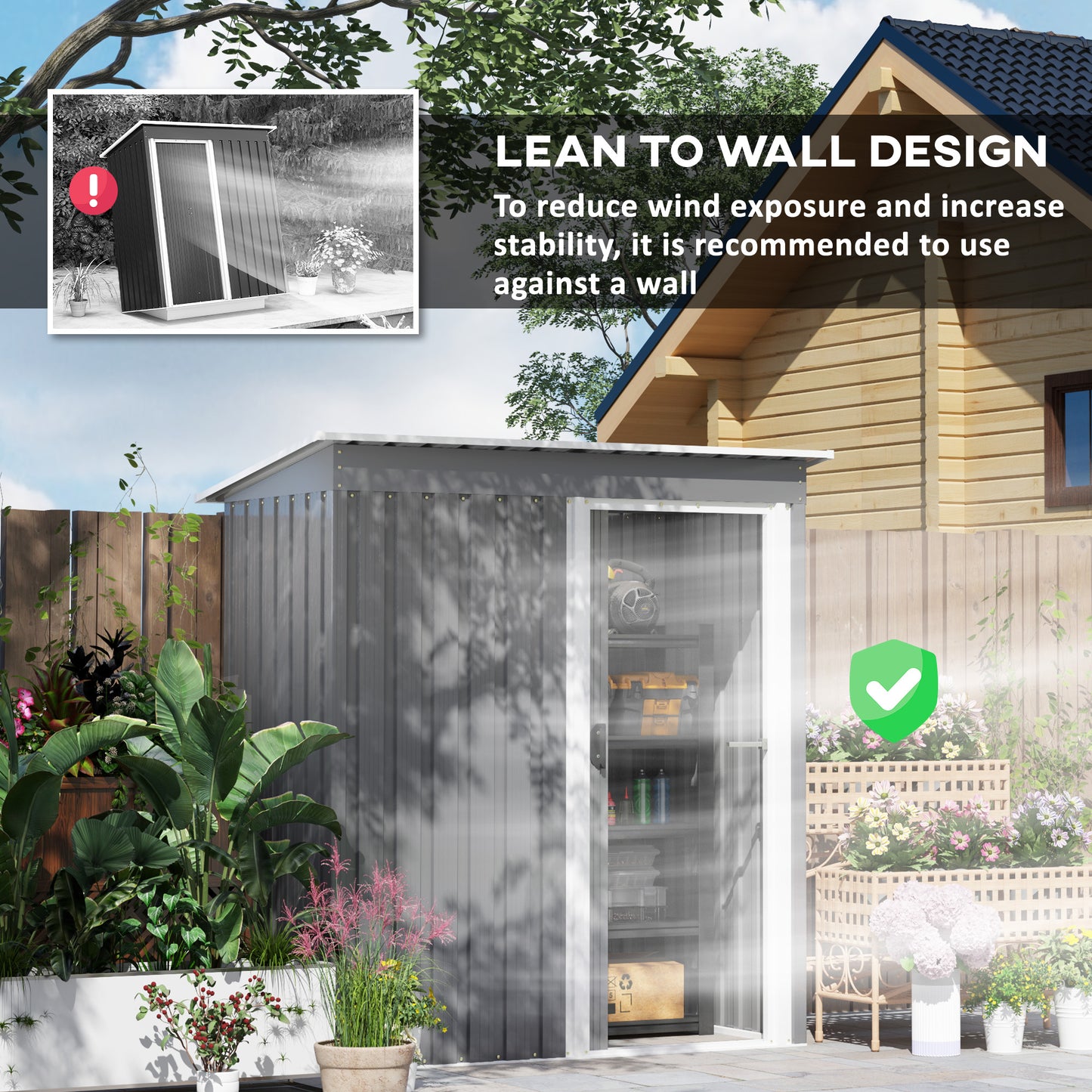 5 x 3ft Garden Storage Shed Sliding Door Sloped Roof Tool, Grey