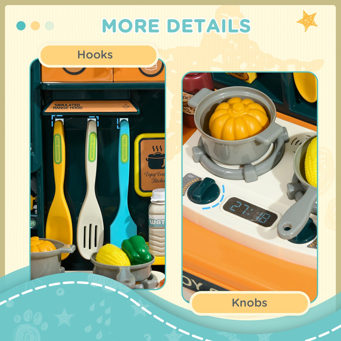 AIYAPLAY Toy Kitchen, 77 Pieces Kids Play Kitchen Role Playing Game with Sound and Light, Water Spray, Running Water